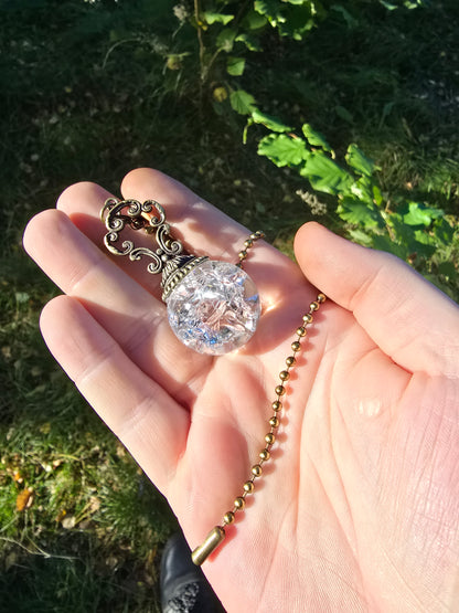 Suncatcher Pendant with Crackled Quartz and Antique Metal Design